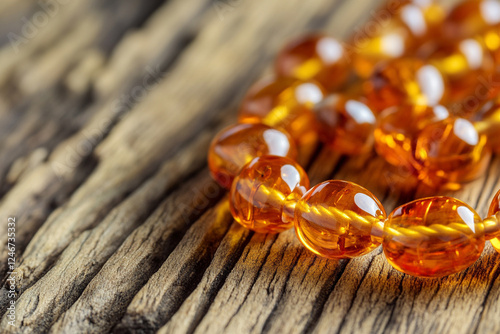 Natural amber beads on a wooden background photo