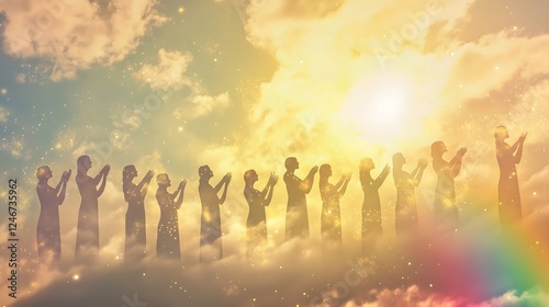 An angelic choir singing in the clouds, surrounded by divine light, creating a heavenly atmosphere of peace, purity, and spiritual harmony in the sky conveying a sense of serenity and celestial beauty