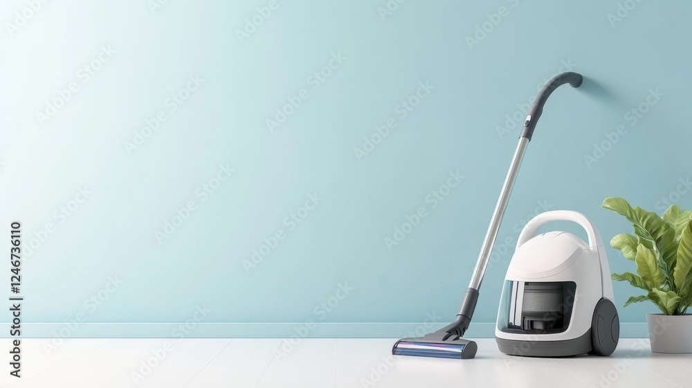 Clean and Modern Vacuum Cleaner on Light Blue Wall Background with Green Plant Next to It Clean and Modern Vacuum Cleaner on Light Blue Wall Background with Green Plant Next to It