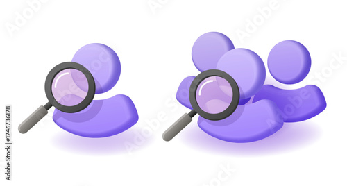 Human people search 3d icon vector, modern user talent recruit hr graphic set, staff identity verification sign symbol, employee candidate examine, personal profile data analyze magnifying glass
