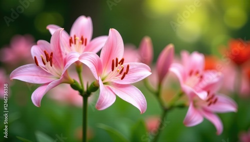 Pastel pink lily flowers blooming in a garden, garden, spring