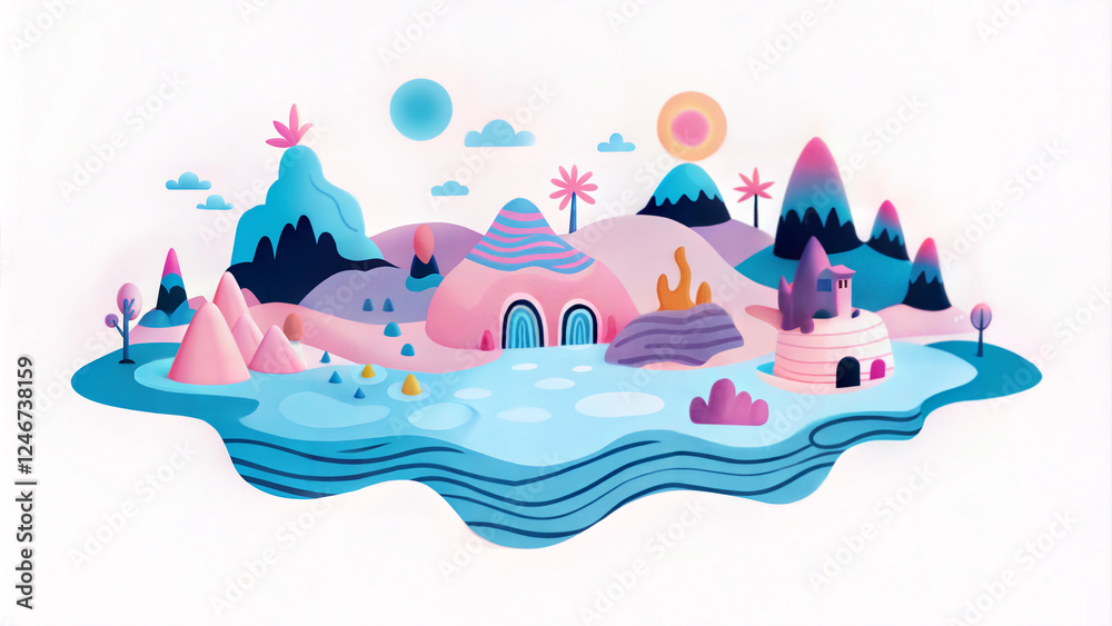 Playful and colorful landscape illustration featuring mountains, water, and whimsical structures Playful and colorful landscape illustration featuring mountains, water, and whimsical structures