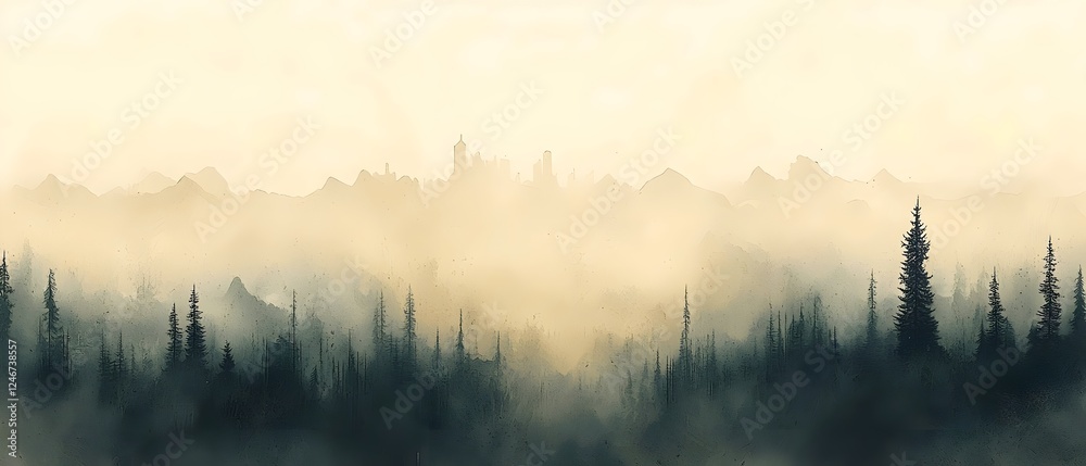 Fototapeta premium A captivating misty landscape featuring dense evergreen trees and distant mountain silhouettes, creating an ethereal atmosphere in muted pastel tones.