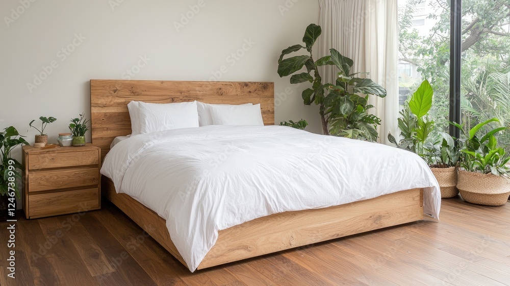 Fototapeta premium Modern bedroom, wooden bed, plants, window view, tranquil interior design