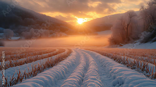 Snowy field sunrise, winter landscape, misty valley