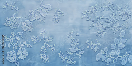 A lace-patterned chambray blue abstract background with delicate, embroidered floral details subtly etched into the soft blue fabric texture.