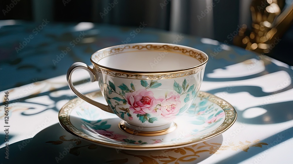 Elegant Porcelain Tea Cup with Floral Design in Soft Sunlight