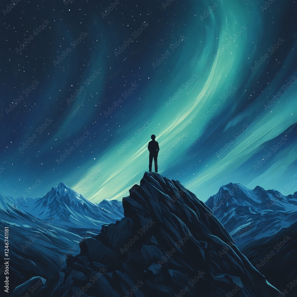 Fototapeta premium Gazing at the northern lights mountain peak digital art nighttime wide angle exploration of nature's wonders