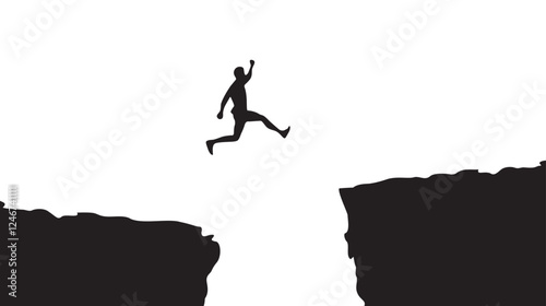 Man jumping from one rock to another achieving success. Sunset mountains scenery silhouette