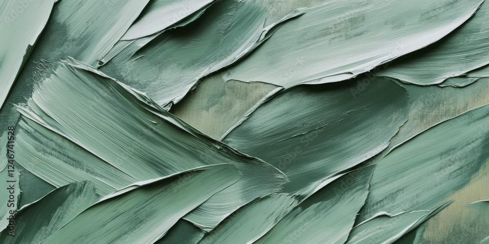 Obraz premium A textured green background featuring soft, diagonal brushstrokes and overlapping layers. The muted tones create depth and movement, making it perfect for art portfolios, creative branding, or organic