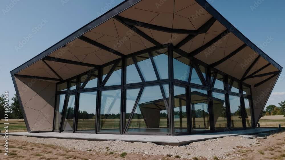 Modern Architectural Design: A striking contemporary building showcases innovative design with its angular facade, large glass windows, and dramatic roofline. Modern Architectural Design: A striking contemporary building showcases innovative design with its angular facade, large glass windows, and dramatic roofline.