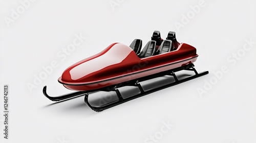 Modern, aerodynamic red bobsled designed for speed and precision. Featuring four seats, it highlights advanced engineering and sleek aesthetics, perfect for competitive winter sports