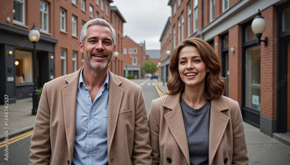 Middle-aged couple laughing and strolling down charming city street in autumn Middle-aged couple laughing and strolling down charming city street in autumn