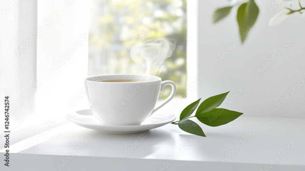 Serene morning with steaming cup of tea on sunlit windowsill for relaxation and tranquility Serene morning with steaming cup of tea on sunlit windowsill for relaxation and tranquility