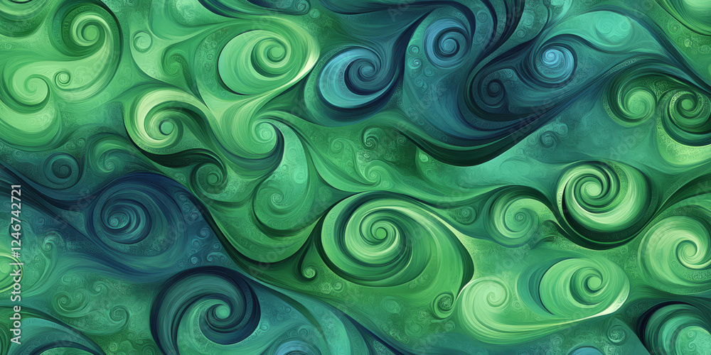A seamless background of deep, rich shades of green and navy blue in a swirling abstract design, reminiscent of ocean currents, perfect for a peaceful and calm aesthetic.