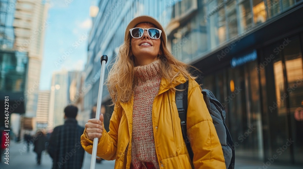 Obraz premium A young woman strolls through a vibrant city, skillfully navigating her surroundings with a white cane. She radiates confidence and determination, embodying independence in an urban setting