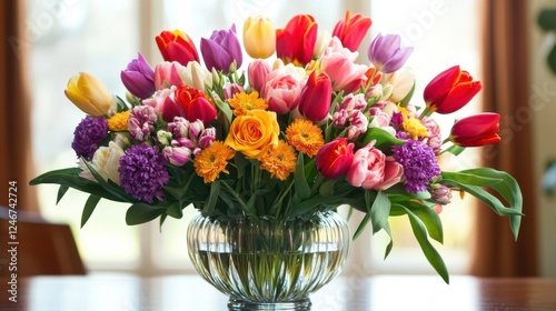 A florist shop filled with fresh spring flowers, showcasing an elegant arrangement of tulips, roses, and chrysanthemums