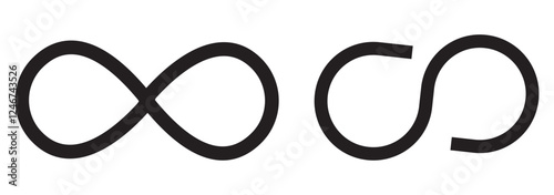 infinity icons. Editable stroke. The symbol of the unlimited in mathematics, space. Set of different lines of shapes. Black geometric elements on a white background. Stock thin illustration