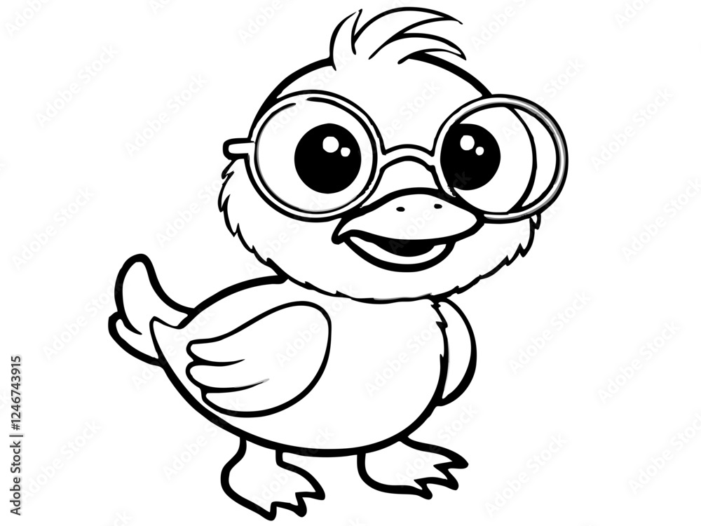 Cute Cartoon Duckling with Big Eyes and Round Glasses in Black and White Cute Cartoon Duckling with Big Eyes and Round Glasses in Black and White