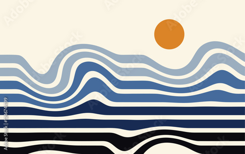 Optical illusion distorted wave with sun. Abstract horizontal stripes vector design. Surreal Pattern.