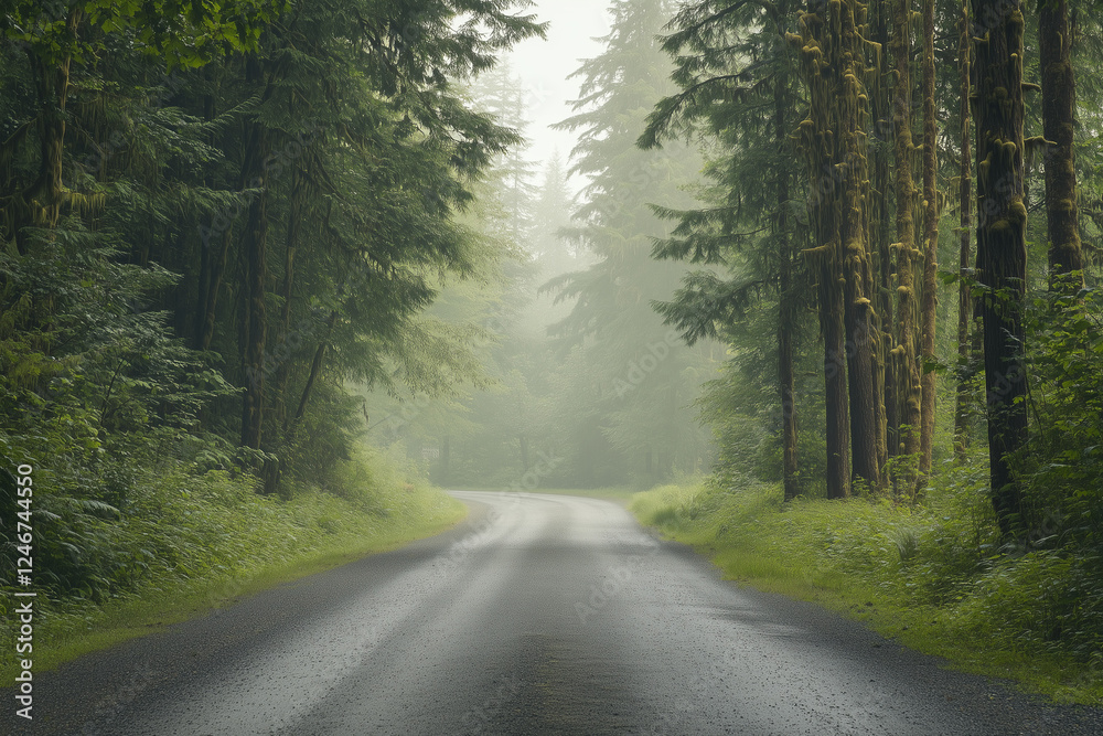 Fototapeta premium Serene empty road surrounded by lush greenery and morning mist with copy space