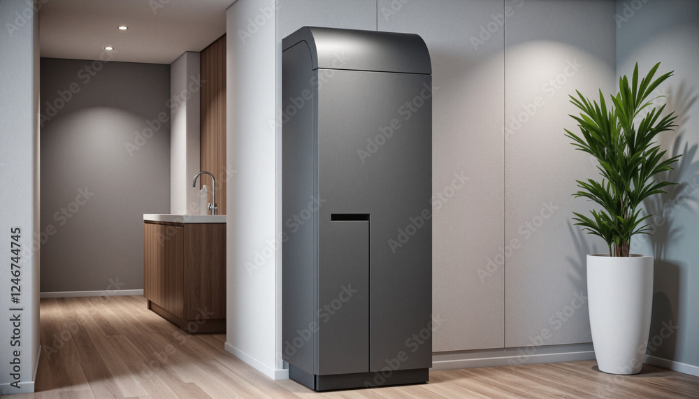 Sleek matte black compact automatic shoe sanitizing station in modern hospital lobby Sleek matte black compact automatic shoe sanitizing station in modern hospital lobby