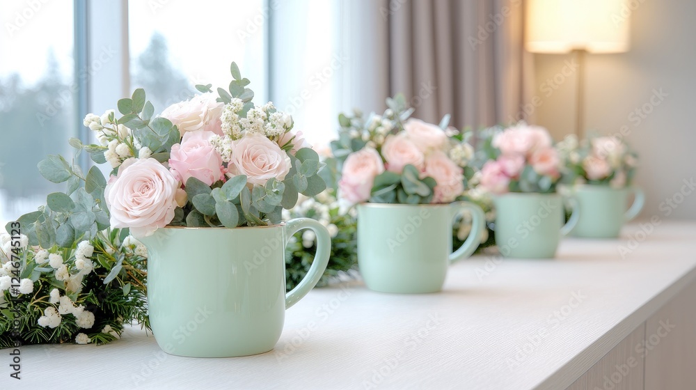 Pastel roses in mugs, windowsill arrangement, winter view Pastel roses in mugs, windowsill arrangement, winter view