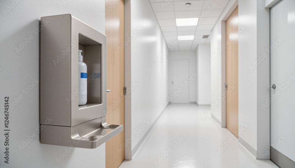 Minimalistic public hygiene station with sanitizer and glove holder in a hospital corridor Minimalistic public hygiene station with sanitizer and glove holder in a hospital corridor