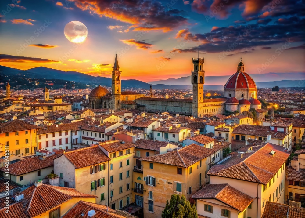 Fototapeta premium Florence Sunset: Aerial View of Iconic Buildings under the Moonlit Sky