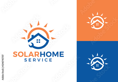 sun with home repair logo. service solar house energy vector graphic design