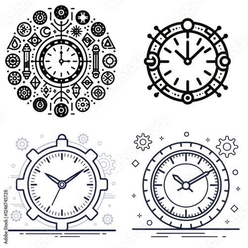 Four clock designs in different styles and contexts on a white background for time concept