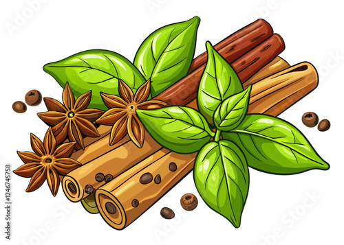 Detailed Illustration of Cinnamon Sticks, Star Anise, and Fresh Basil Leaves