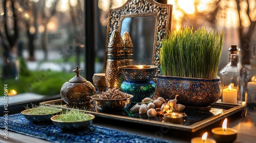 Nowruz Haft-Sin table display with wheatgrass photo