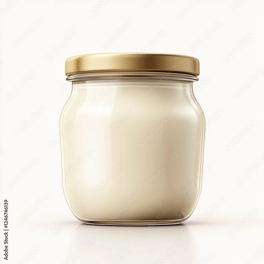 Delicious yogurt in a glass jar with a golden lid placed against a neutral background evoking a sense of freshness and quality Delicious yogurt in a glass jar with a golden lid placed against a neutral background evoking a sense of freshness and quality