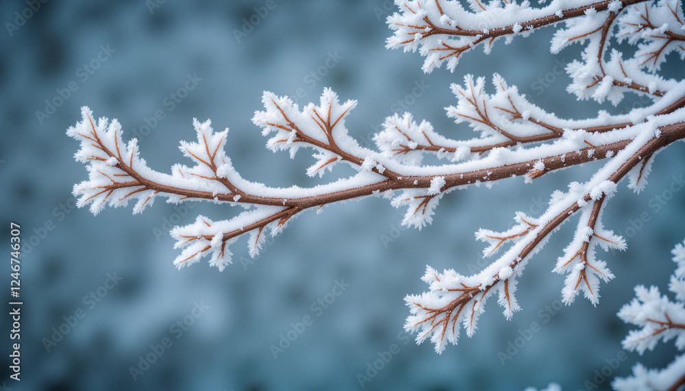 Frost-covered branches with delicate snowflakes, intricate ice patterns, winter atmosphere