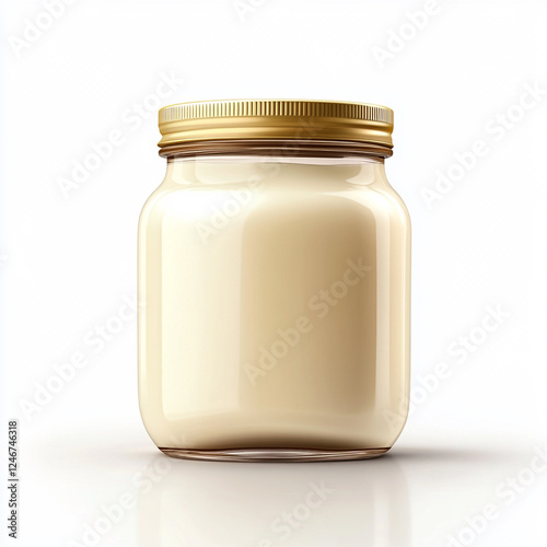 Delicious yogurt in a glass jar with a golden lid placed against a neutral background evoking a sense of freshness and quality