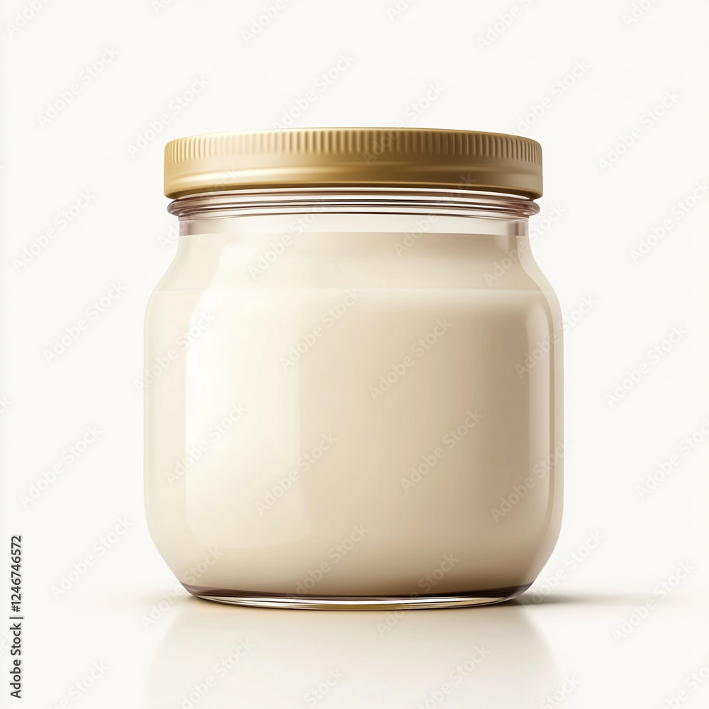Delicious yogurt in a glass jar with a golden lid placed against a neutral background evoking a sense of freshness and quality Delicious yogurt in a glass jar with a golden lid placed against a neutral background evoking a sense of freshness and quality