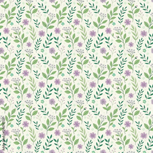 Green and purple seamless pattern with flowers