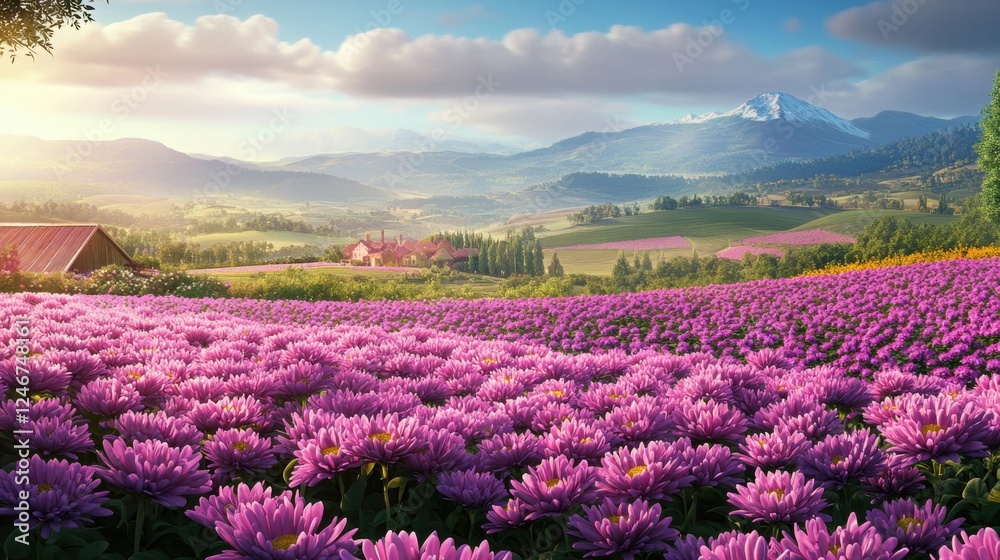 Fototapeta premium A rural landscape with a beautiful flower farm, filled with blooming pink and purple chrysanthemums, stretching towards the horizon