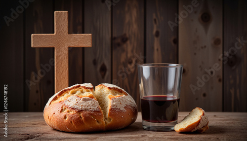 Minimalistic composition of broken bread and glass of wine next to wooden cross symbolizing communion and sacrifice