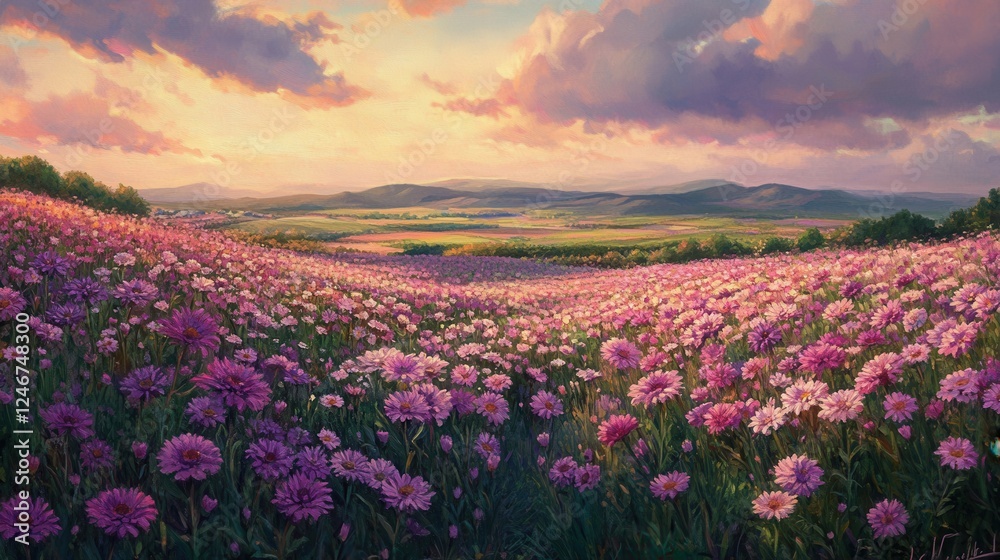 Fototapeta premium A rural landscape with a beautiful flower farm, filled with blooming pink and purple chrysanthemums, stretching towards the horizon