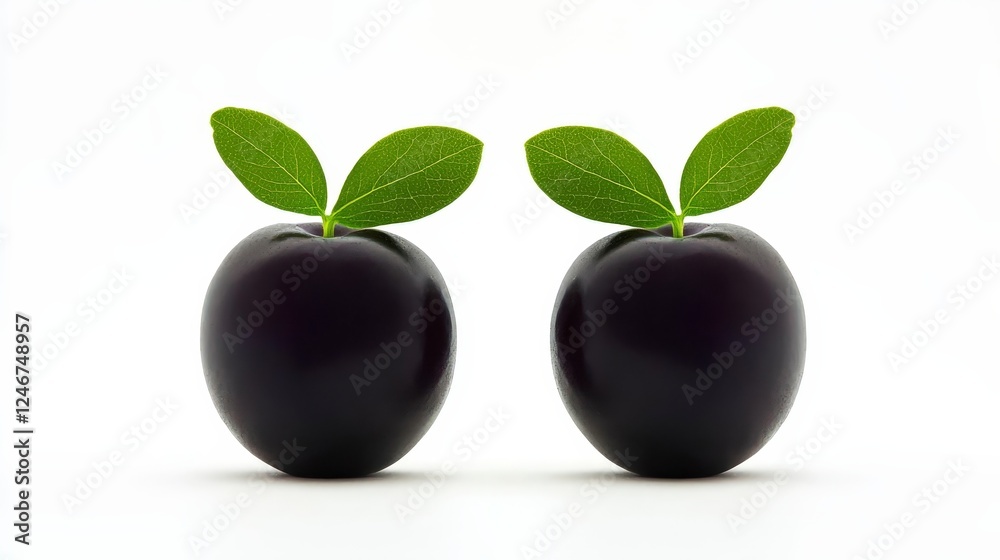Two Fresh Black Plums with Green Leaves on White Background Two Fresh Black Plums with Green Leaves on White Background