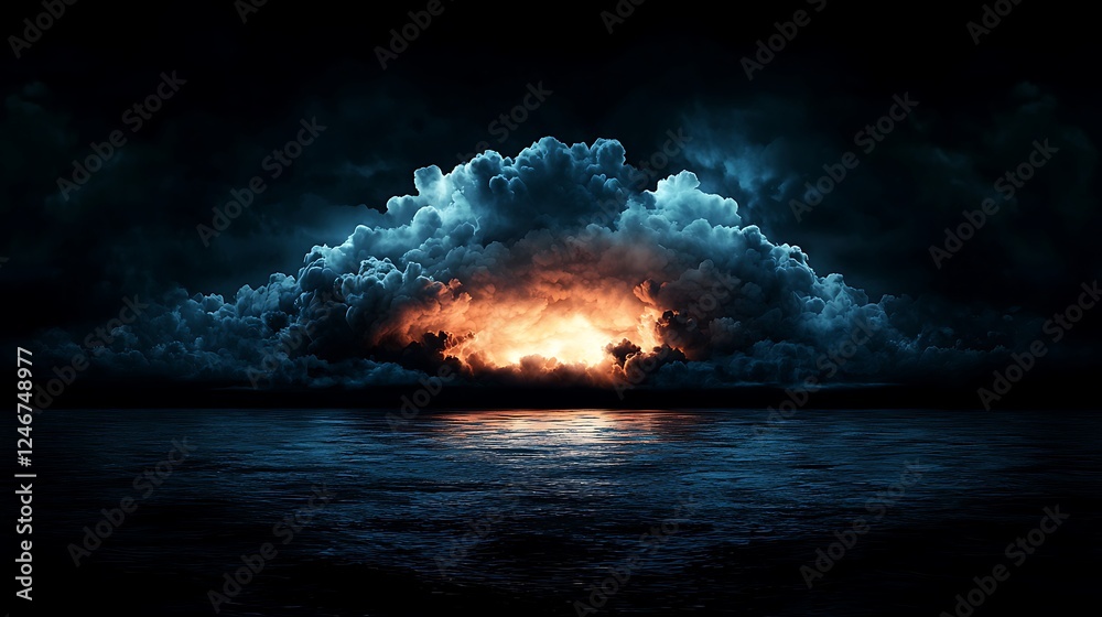 Obraz premium Dramatic sunset over a dark ocean with ominous clouds and glowing horizon, creating a surreal atmosphere