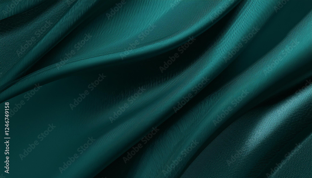 Fototapeta premium Green drapery silk fabric luxury background. Wavy abstract satin cloth vector texture pattern. Smooth shiny drape material curtain. Elegant velvet curve motion image realistic horizontal design.