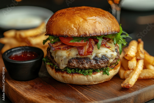 Juicy hamburger: beef patty, melted cheese, lettuce, tomato, and a golden bun, placed on a rustic wooden table with a side of crispy fries. photo