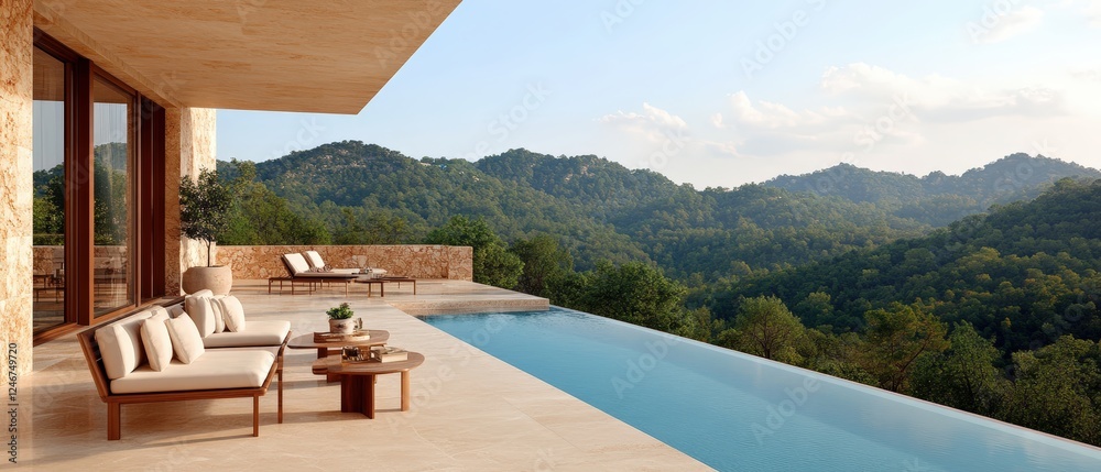 Fototapeta premium Large swimming pool with a scenic view of mountains and clear blue sky in a tranquil outdoor setting