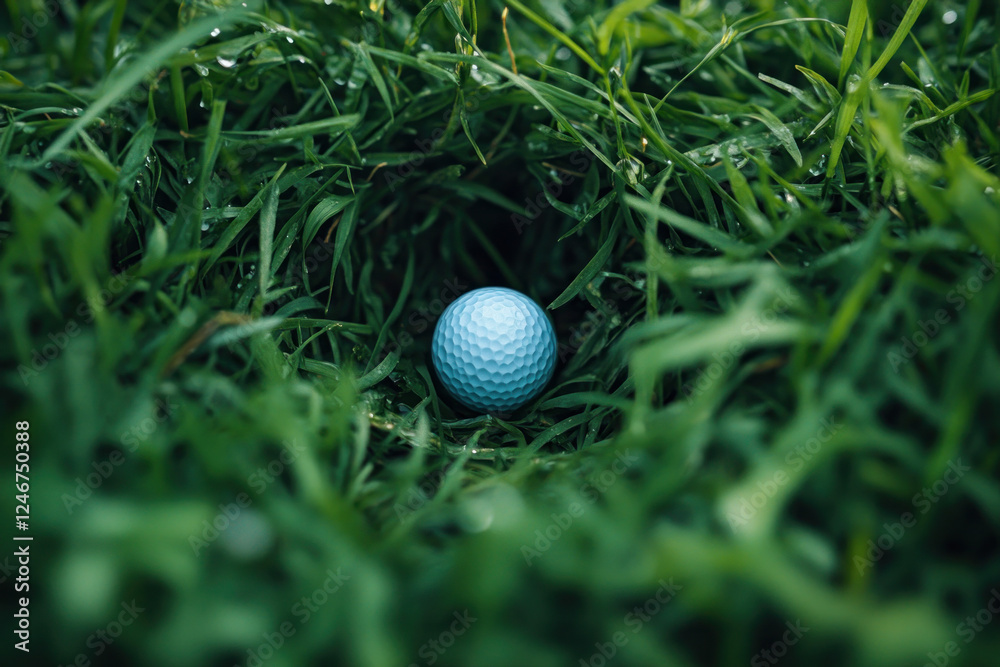Golf ball nestled in lush green grass, under a bright blue sky.