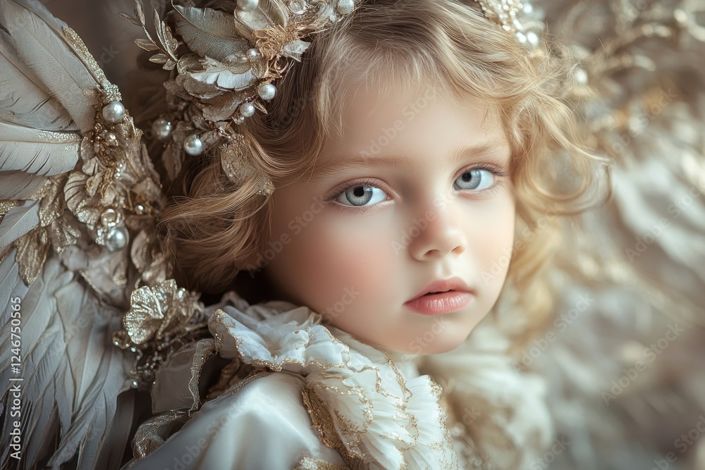 Fototapeta premium Young girl with delicate angel wings and floral crown in softly lit environment