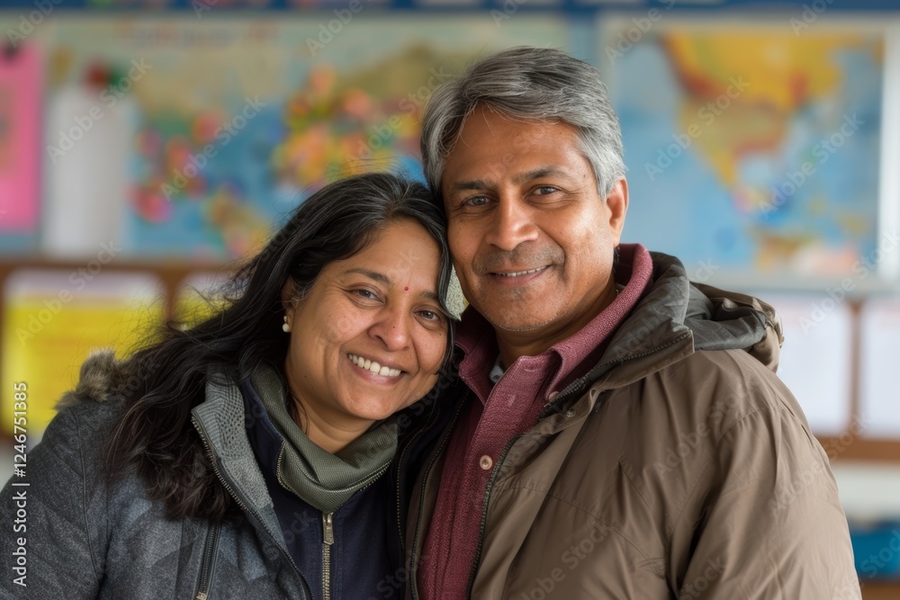 Portrait of a satisfied indian couple in their 40s donning a durable down jacket isolated in lively classroom background Portrait of a satisfied indian couple in their 40s donning a durable down jacket isolated in lively classroom background