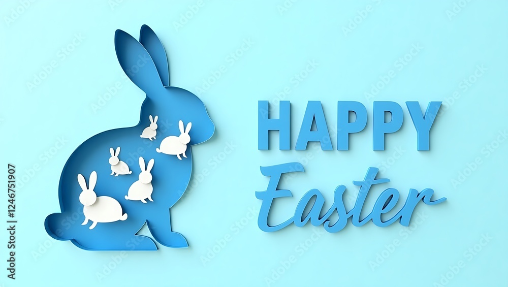Fototapeta premium Layered Paper-Cut Easter Rabbit with Elegant Typography on Light Blue Background